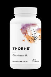 Thorne Glutathione-SR dietary supplement bottle with 60 capsules for antioxidant support and liver health.